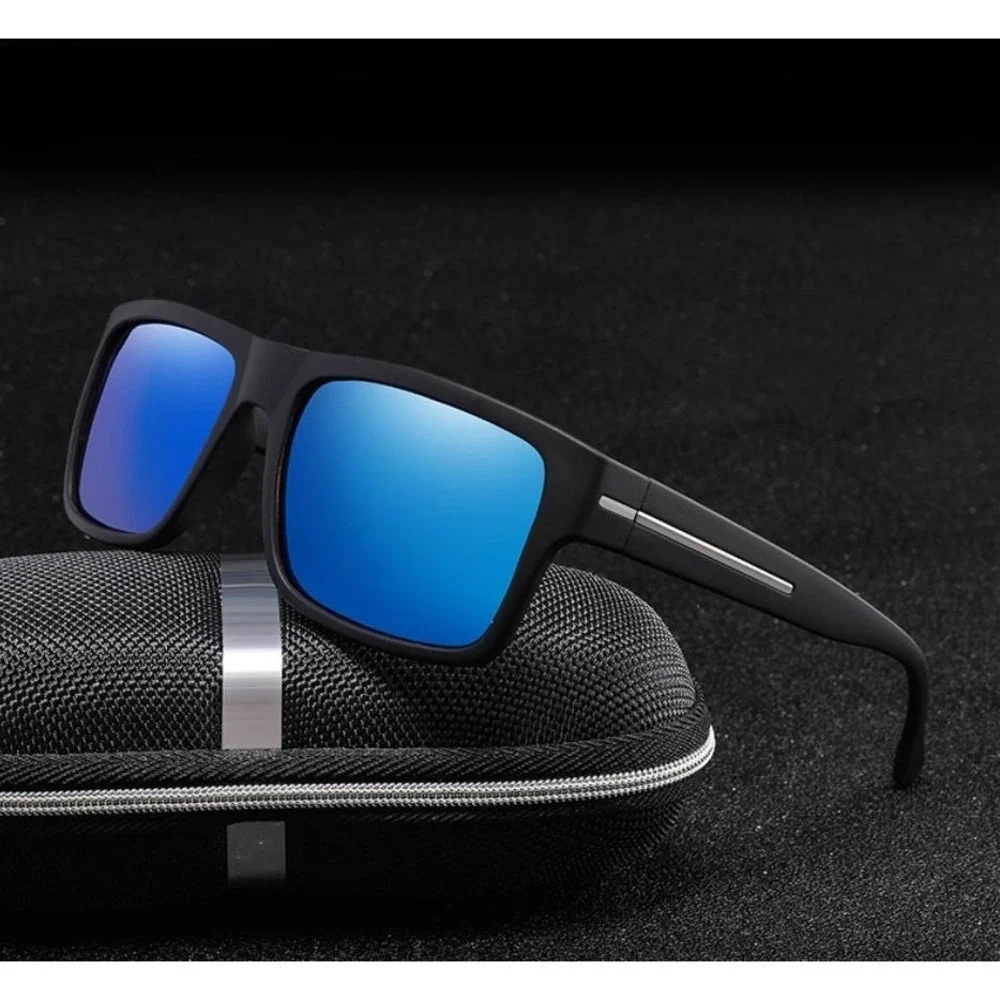Square Frame Sunglasses Men Polarized Driving Sun Glasses Black Blue Lens Lentes